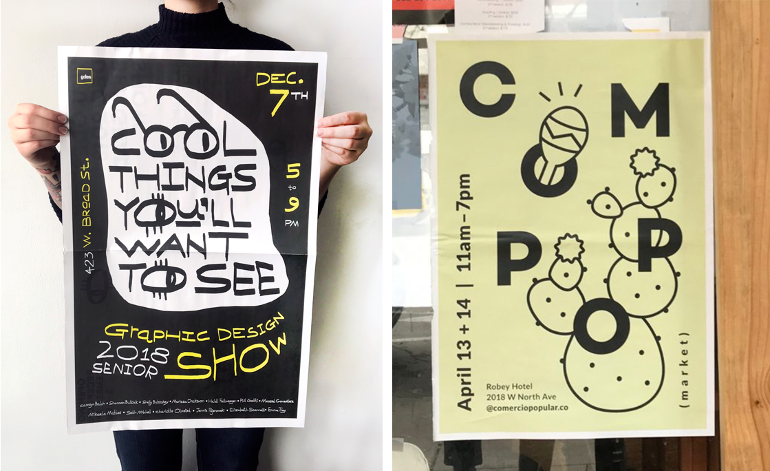 Newspaper posters for events, from degree shows to pop-up markets.