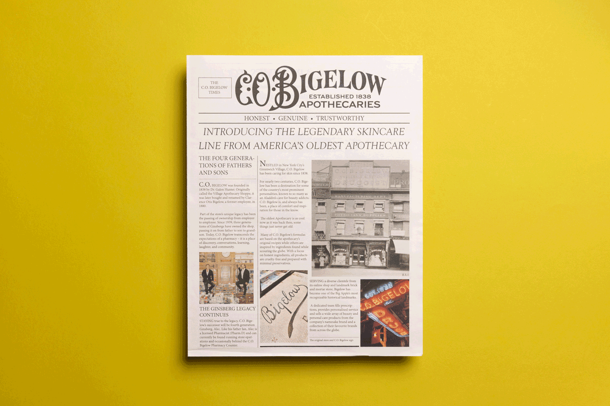Tabloid for C.O. Bigelow skincare launch in UK. Printed by Newspaper Club.