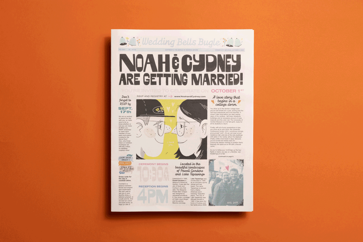 Illustrated wedding newspaper printed by Newspaper Club