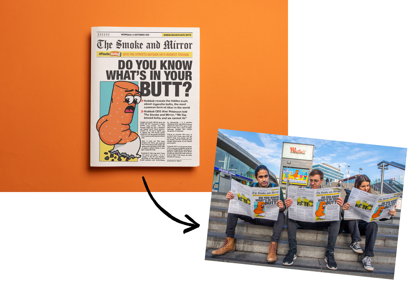 Tabloid newspaper for Hubbub #Plasticbutts campaign. Printed by Newspaper Club. 