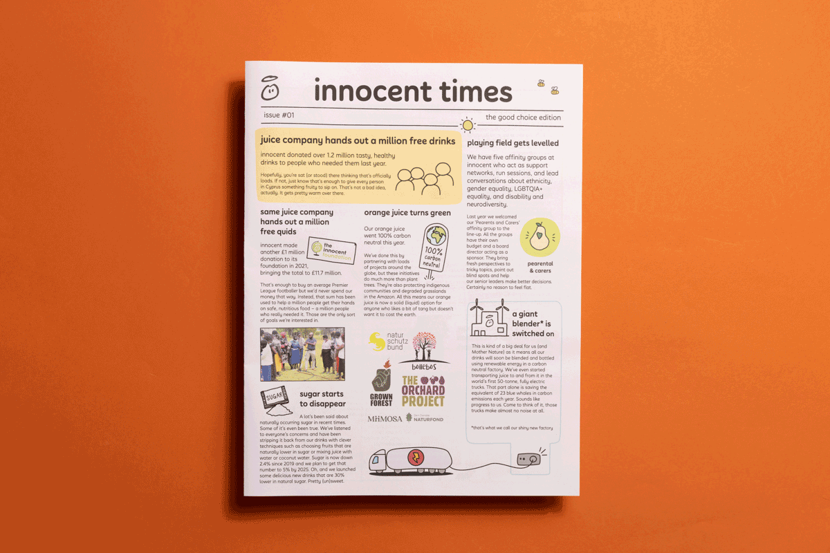 Innocent Drinks brand newspaper printed by Newspaper Club