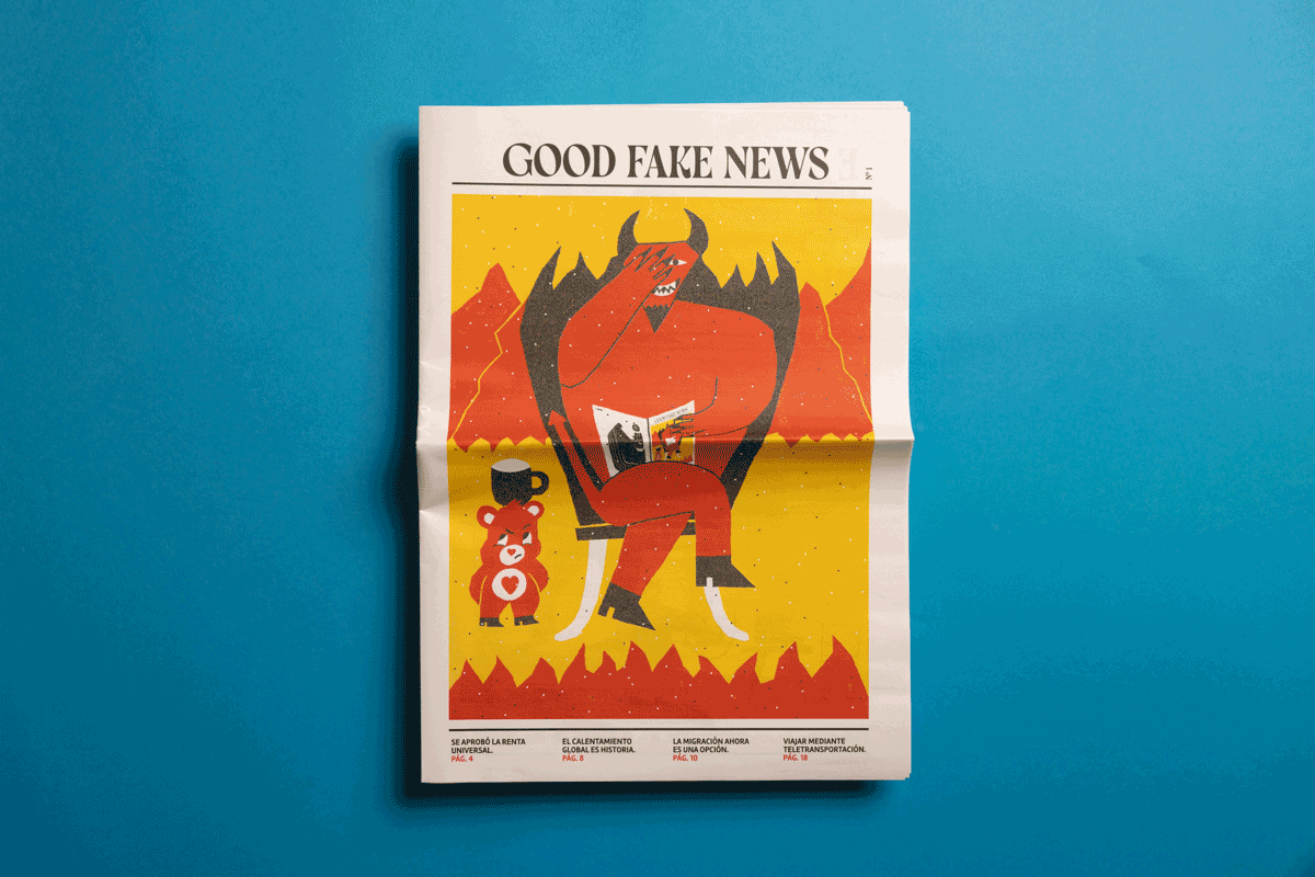 Good Fake News broadsheet by illustrator Dani Scharf. Printed by Newspaper Club.