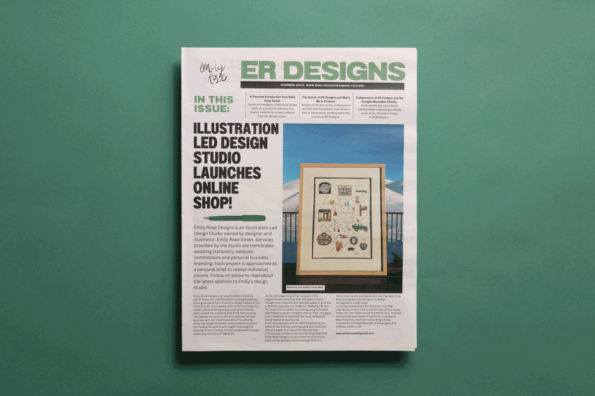 ER Designs illustration studio newspaper. Designed with free Canva templates and printed by Newspaper Club.