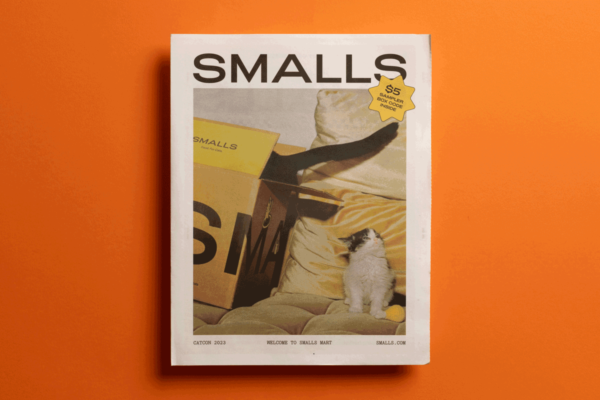 Smalls cat food newspaper. Printed by Newspaper Club.