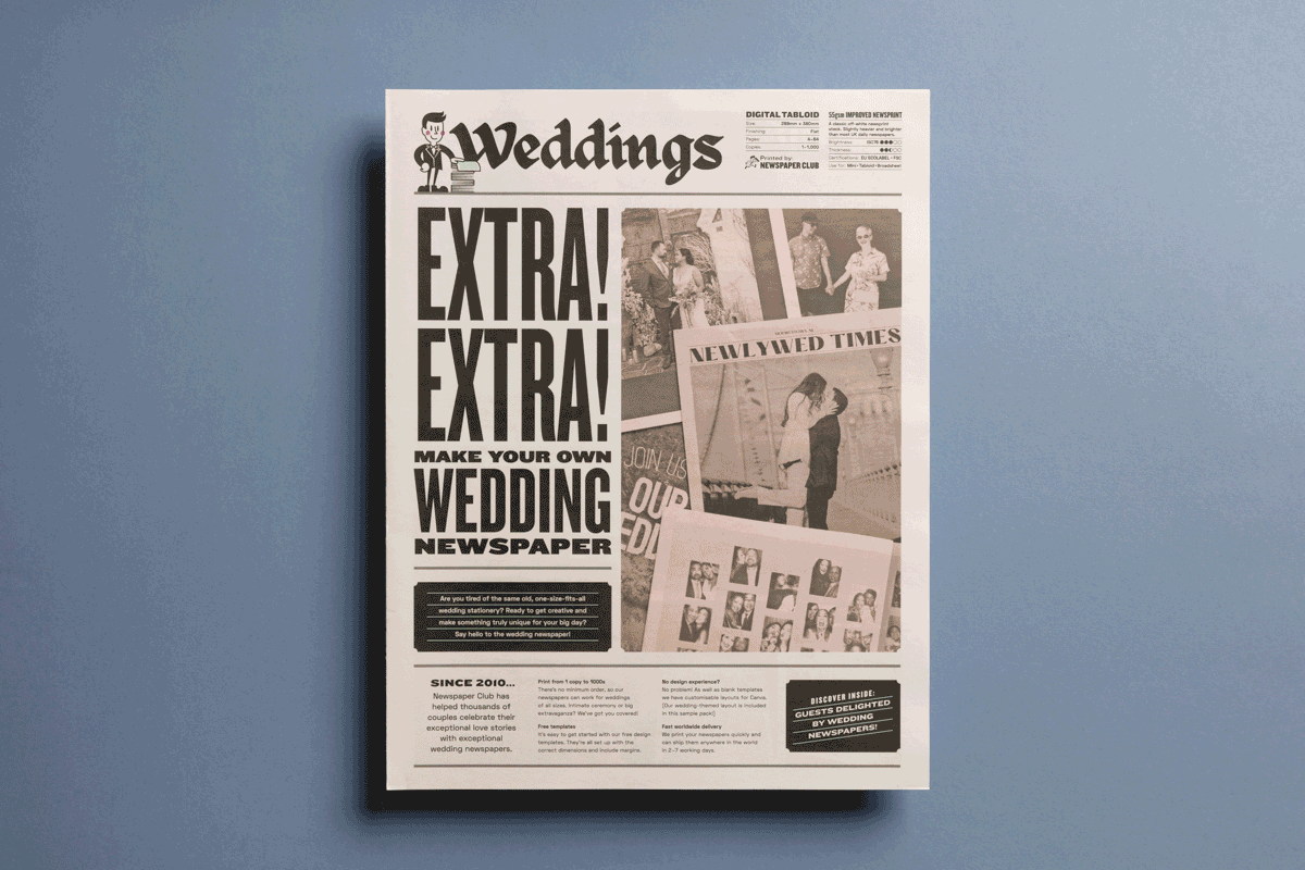 Wedding newspaper free sample. Inspiration for invites, save-the-dates, programmes and more. Printed by Newspaper Club.