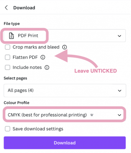 PDF export settings for Canva files